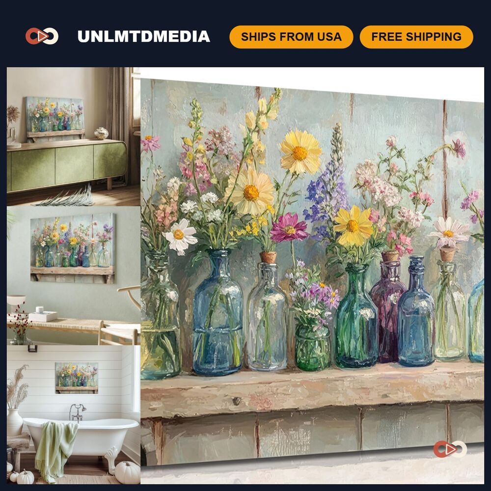 Rustic Farmhouse Wildflower Canvas Wall Art - Floral Bottles Decor for Home, Bat